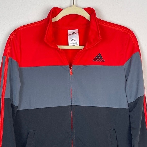 Adidas Red Black Grey Colorblock Track Jacket L 14/16 - Picture 2 of 5